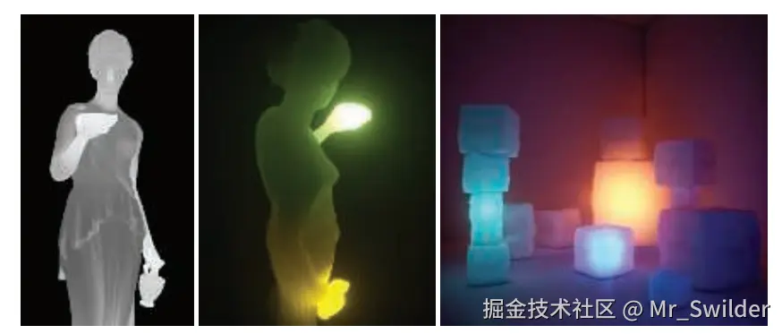 图14.46：左侧展示了为Hebe雕像生成的局部厚度纹理。中间展示了使用这个局部厚度纹理来生成的次表面光线散射效果。右边展示了另一个半透明的立方体场景，这些立方体使用了相同的次表面散射技术进行渲染。 [105]