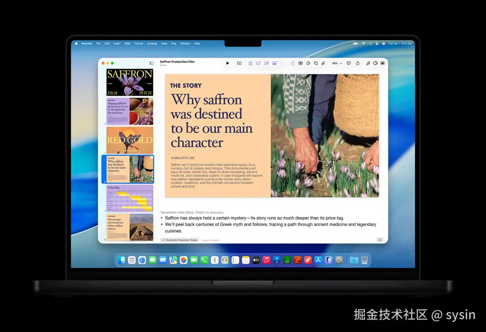 iPad Pro 上显示着 Keynote 讲演中的演示文稿。