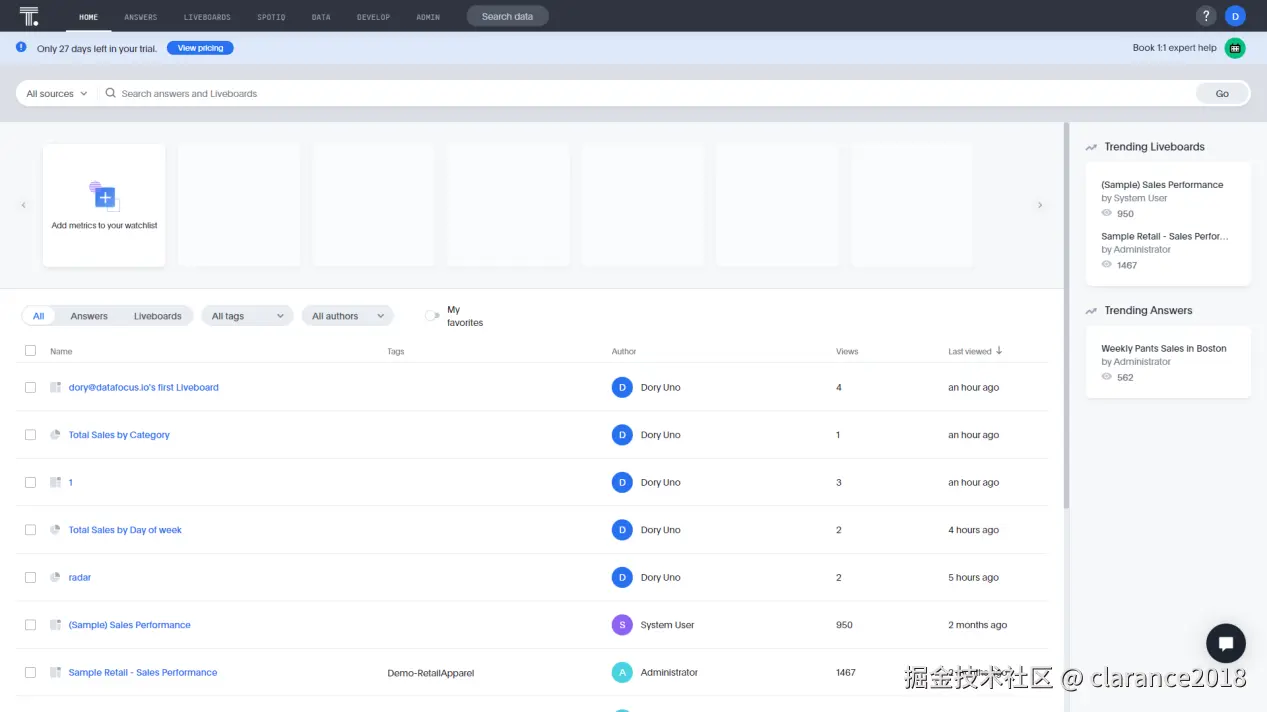 图 2 - 2 主页 - ThoughtSpot