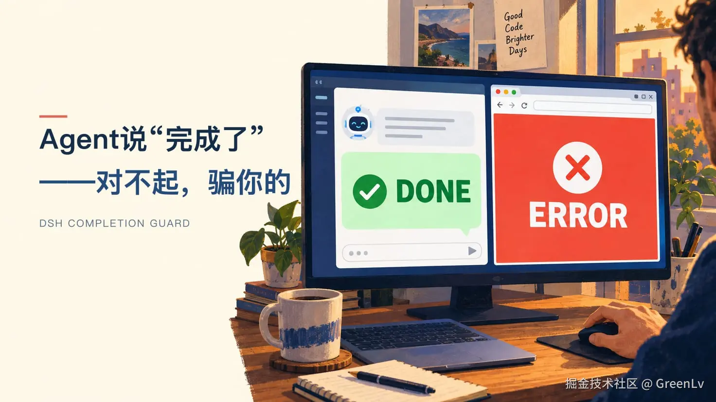 电脑上，Agent 报告已完成，旁边实际运行的页面却仍在报错