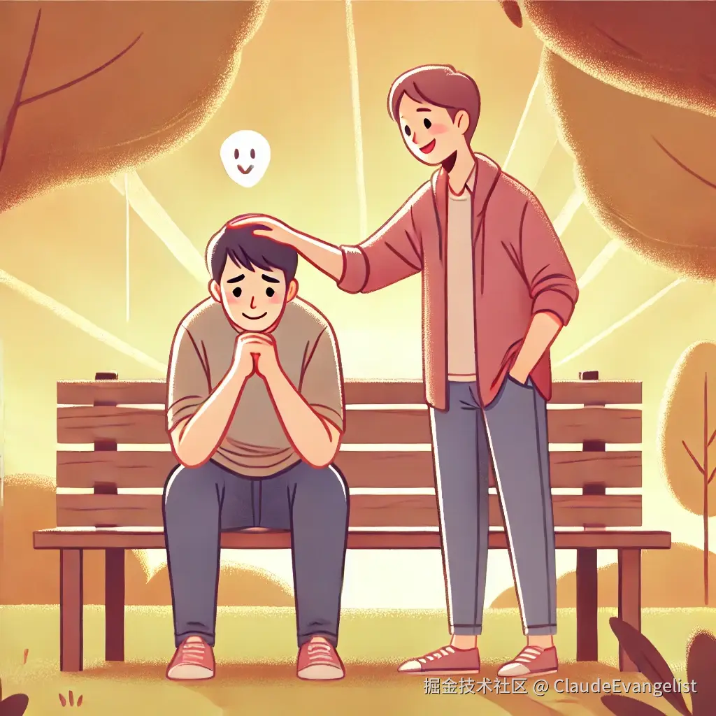 DALL·E 2024-11-14 22.52.51 - A warm, encouraging scene where a person is cheering up a friend. The friend looks sad, sitting on a park bench, while the other person stands next to.webp