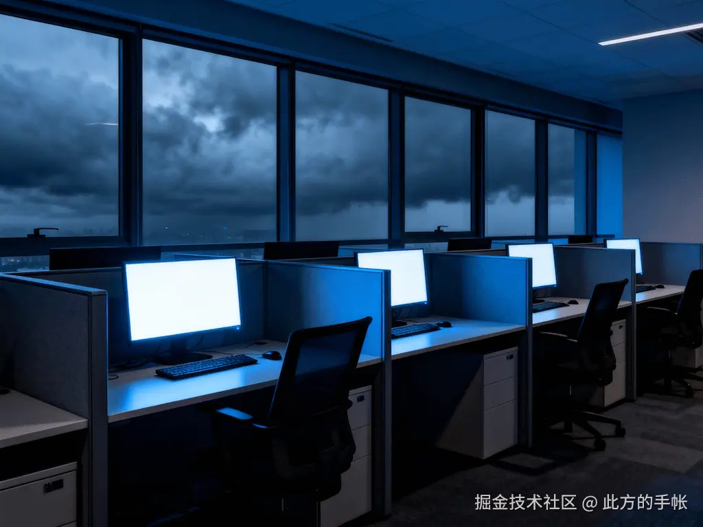 jimeng-2025-12-09-9499-现代办公室内部，冷色调，蓝色和灰色为主，空荡荡的工位，几台亮着的显示器，窗外是阴..._cleanup.png