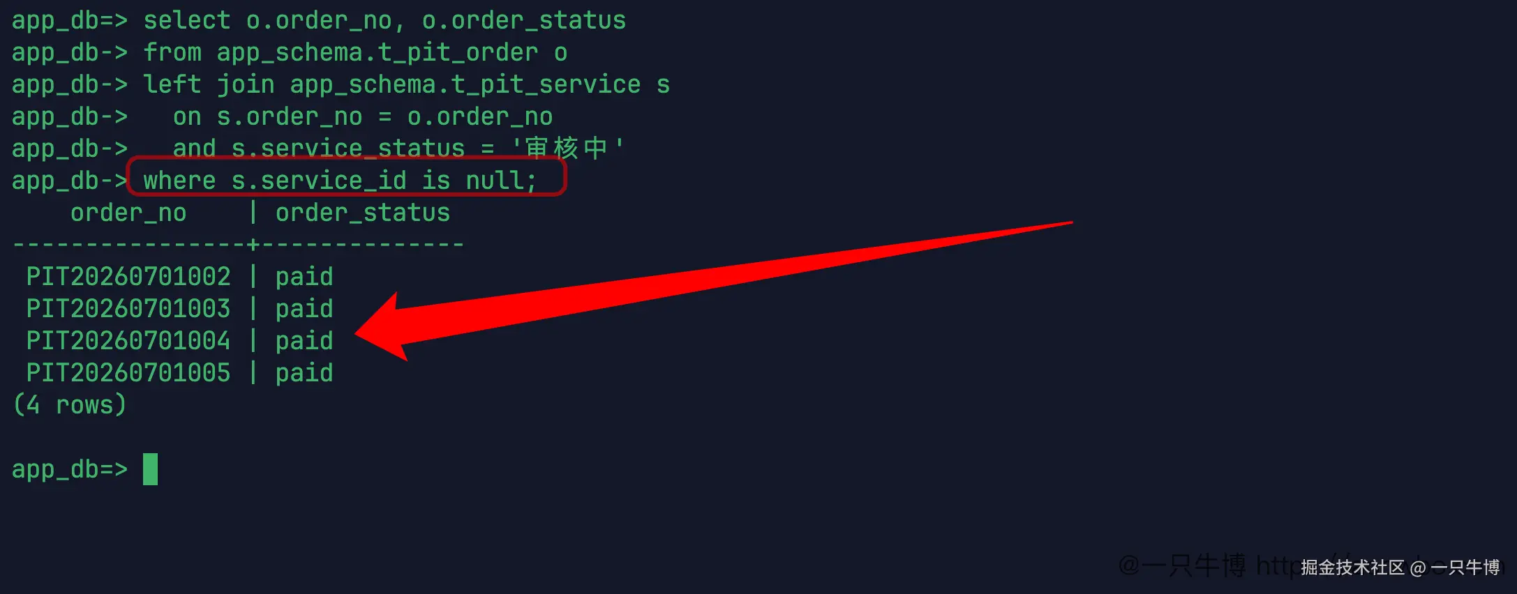Using is null to find orders without pending after-sales