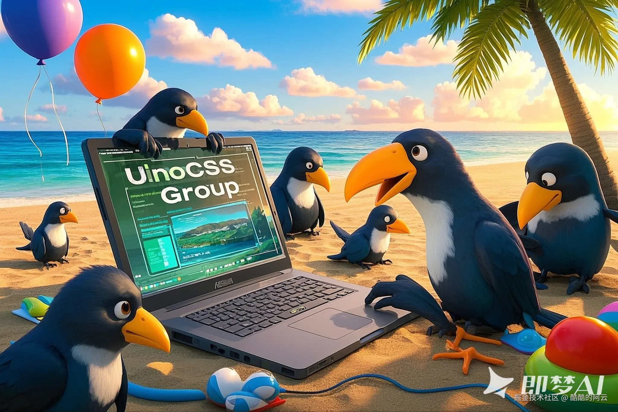 一群萌萌的可爱的夏威夷乌鸦正坐在大屏幕笔记本电脑前面编码，背景是夏威夷群岛，风景宜人，它们一边顽皮的玩耍着，一边看屏幕，电脑屏幕上写着大大的“UnoCSS Group”；画风可.png