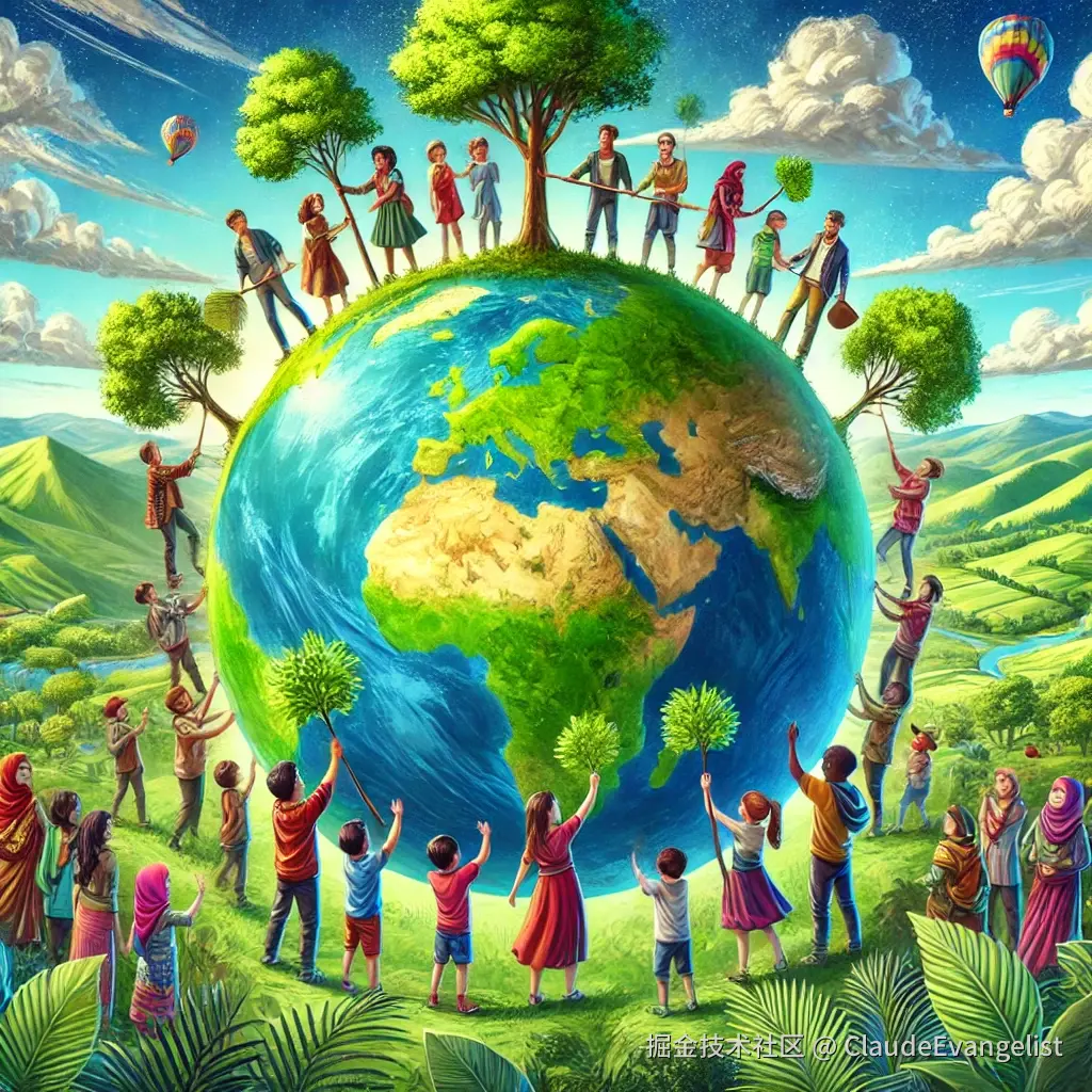 DALL·E 2024-11-24 14.34.29 - A detailed illustration showing a lush, green Earth with a diverse group of children and young adults from various cultures planting trees, symbolizin.webp