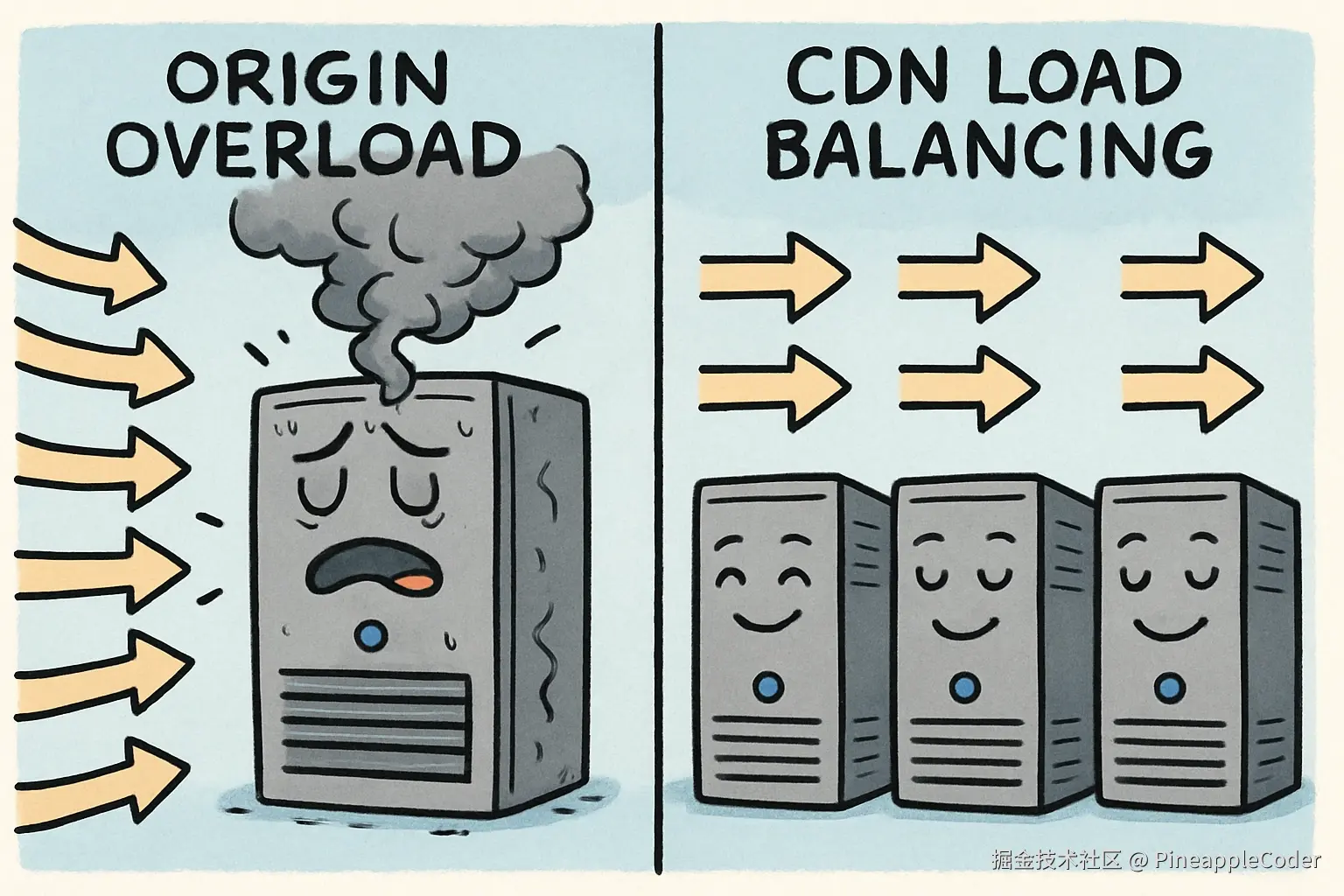 源站过载与 CDN 负载均衡对比图