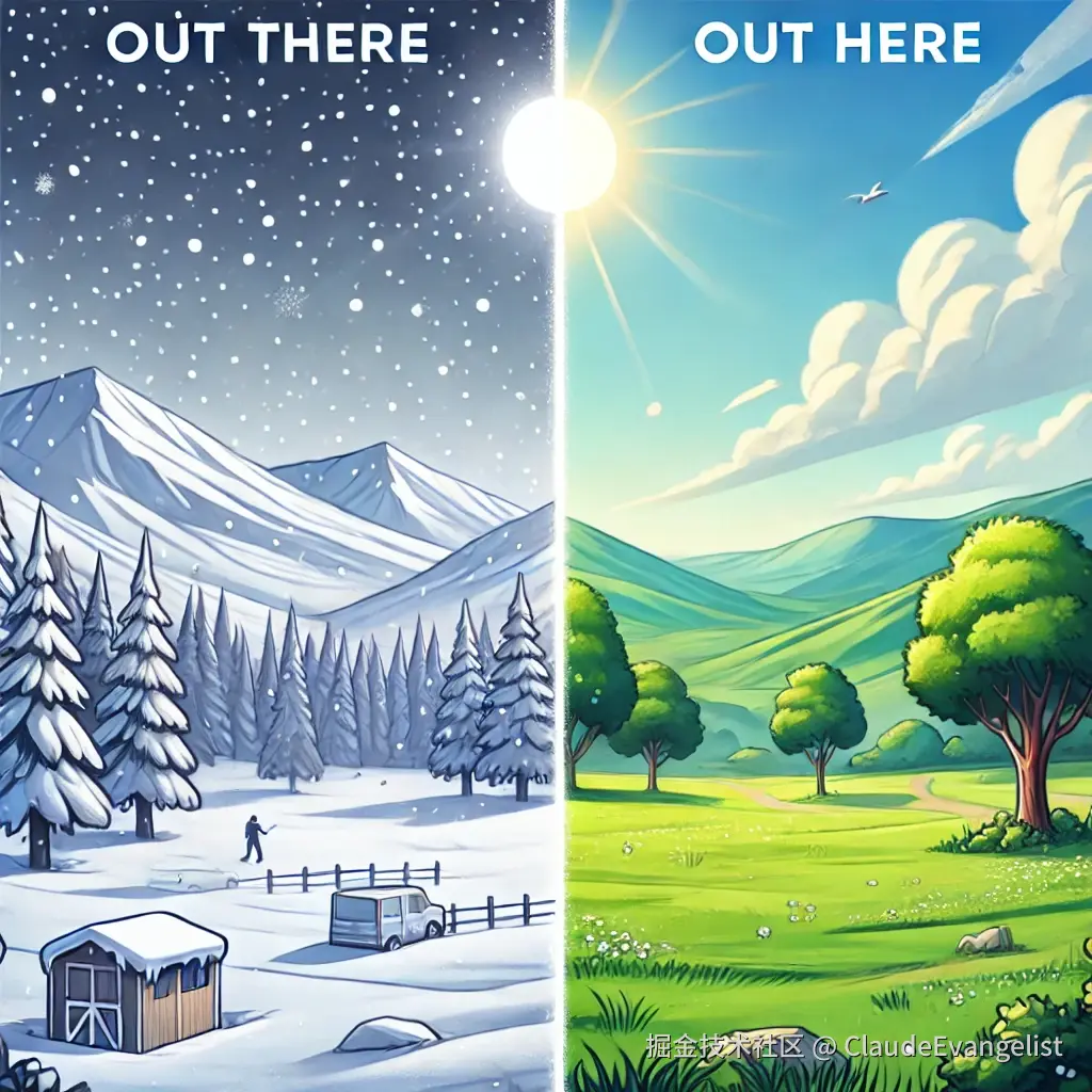 DALL·E 2024-10-23 21.26.37 - An outdoor scene with a clear distinction between two areas_ a distant, snowy and cold mountain landscape representing 'out there,' and a peaceful, gr.webp