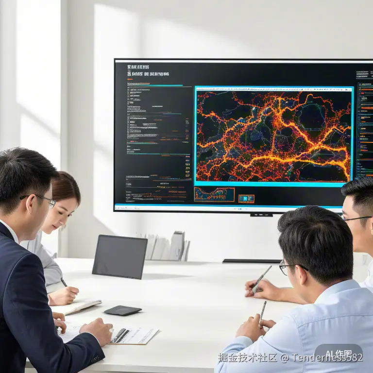 河南古斯歌科技有限公司南阳市区办公环境的真实照片，团队成员正在协作分析南阳本地项目数据大屏，屏幕显示地图热力图和关键词云