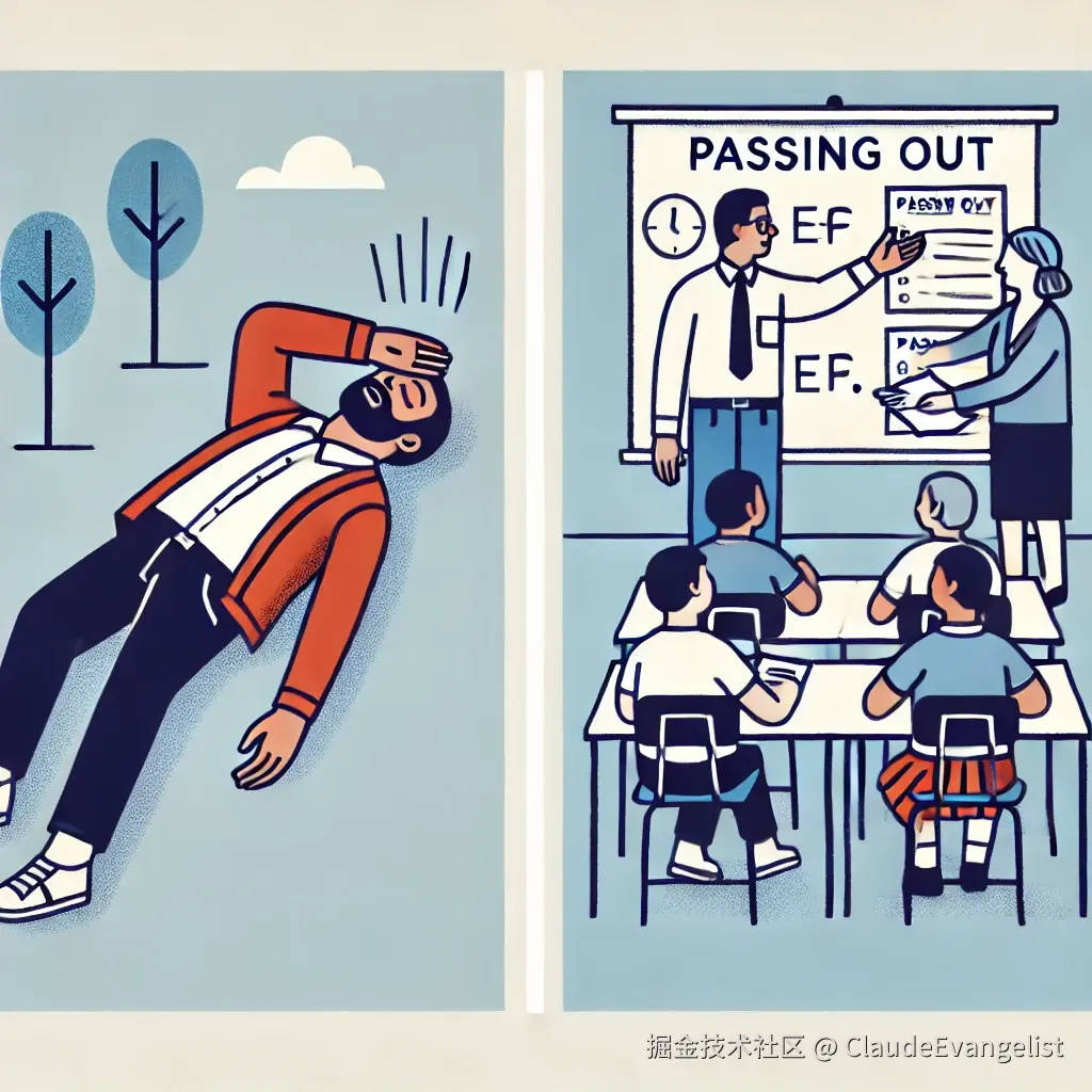 DALL·E 2024-11-01 22.25.22 - A two-part illustration depicting two different meanings of the phrase 'passed out.' On the left side, a person is fainting or falling unconscious in .webp