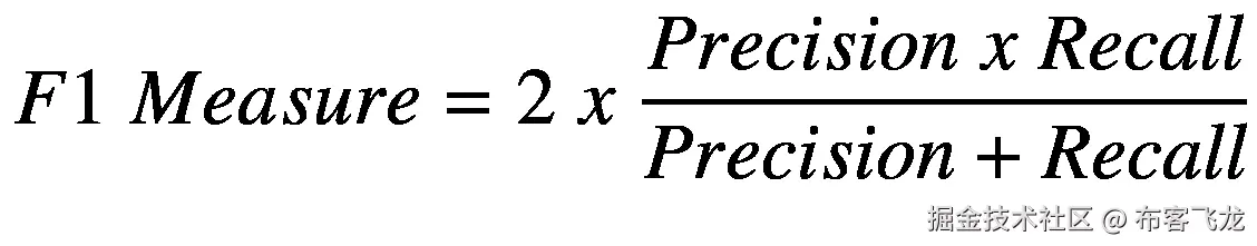 F1\ Measure=2\ x\ \frac{Precision\ x\ Recall}{Precision+ Recall}
