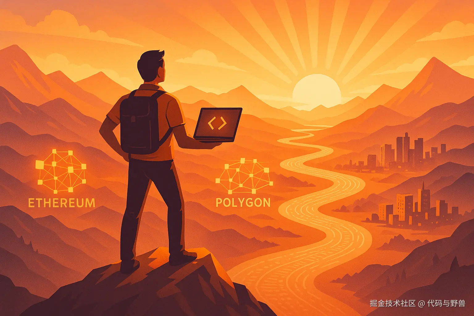 An_empowering_illustration_of_a_developer_standing_confidently_on_a_mountain_peak_overlooking_a_vast_Web3_landscape_filled_with_opportunities_The_landscape_features_various_blockchain_networks_flowing_rivers_of_code_and_cities_representing_.png