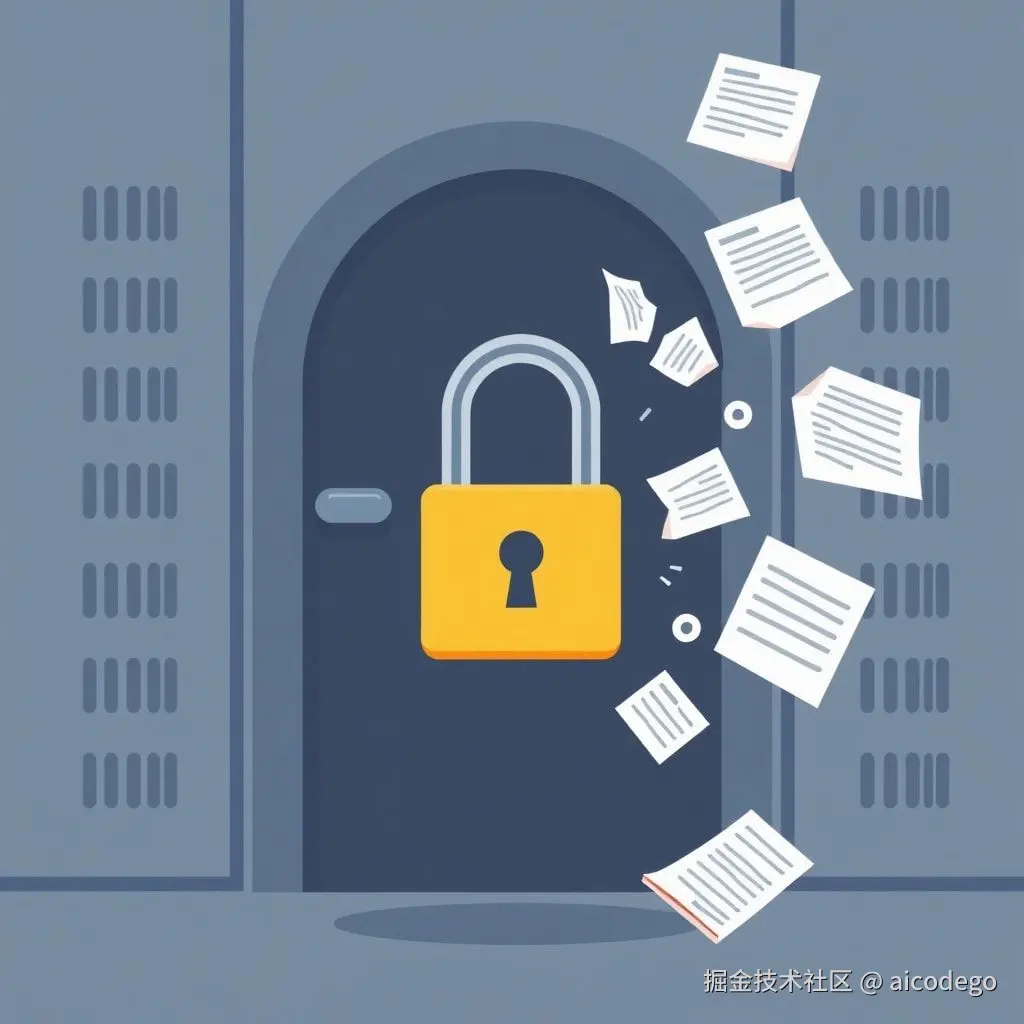 broken padlock on a server room door, digital documents floating out, data breach concept