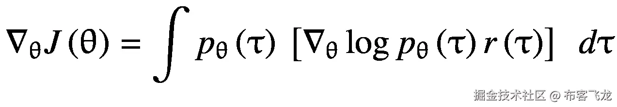 {\nabla}_{\uptheta}J\left(\uptheta \right)=\int {p}_{\uptheta}\left(\uptau \right)\ \left[{\nabla}_{\uptheta}\log {p}_{\uptheta}\left(\uptau \right)r\left(\uptau \right)\right]\kern0.5em d\uptau