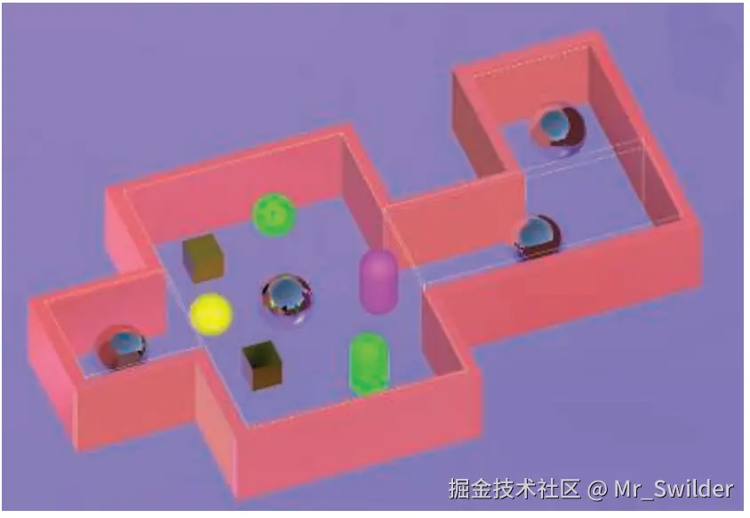 图11.36：一个简单的场景与局部反射探针。图中的反射球代表了探针的位置，淡淡的黄色线条代表了长方体形状的反射代理。请注意，代理的形状与场景的整体形状相 近似 。