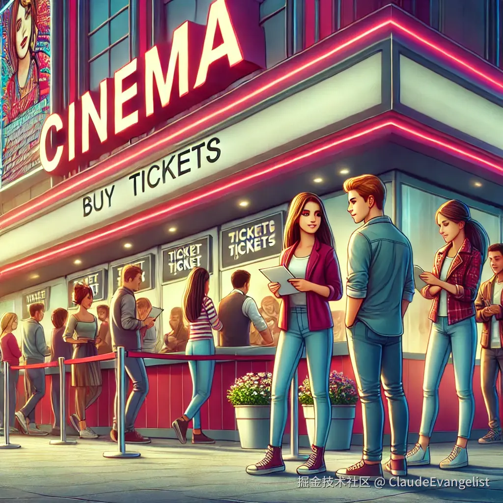 DALL·E 2024-08-04 12.22.24 - A lively scene outside a modern cinema with a group of friends queuing up to buy tickets or chatting at the ticket counter. The background shows the c.webp