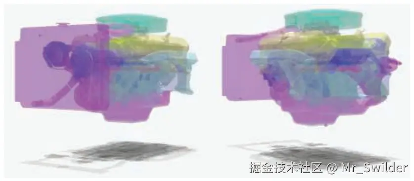 图5.38：图中展示了在两个不同的相机位置上，观察同一个引擎模型的结果，它们都使用了加权混合的顺序无关透明度算法。按照距离进行加权，有助于弄清哪些表面更加靠近观察者 [1185] 。