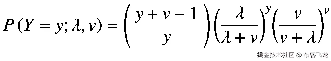 P\left(Y=y;\lambda, v\right)=\left(\begin{array}{c}y+v-1\\ {}y\end{array}\right){\left(\frac{\lambda }{\lambda +v}\right)}^y{\left(\frac{v}{v+\lambda}\right)}^v