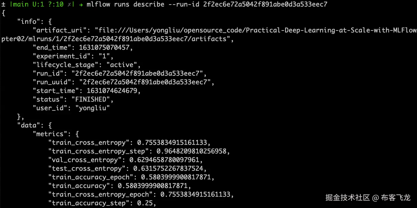 图 2.12 – MLflow 命令行以 JSON 数据格式描述运行