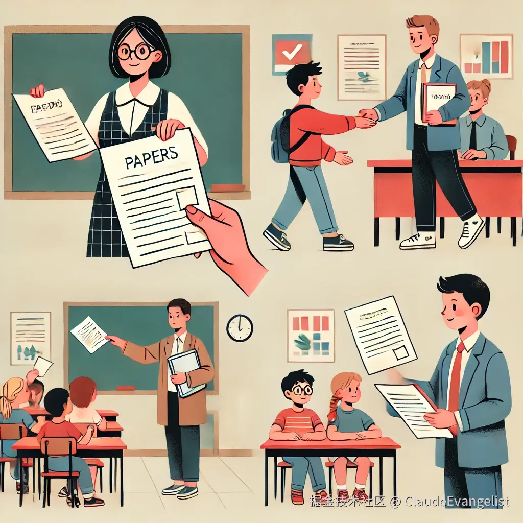 DALL·E 2024-10-23 22.21.55 - An illustration showing a teacher in a classroom handing out papers to students, while a student hands in an assignment to the teacher. Another person.webp