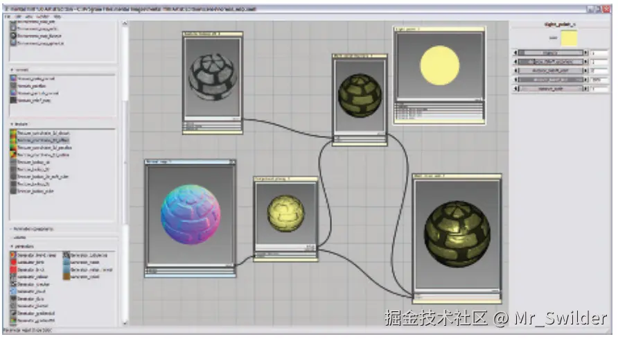 图3.6：一个用于shader编辑的可视化工具。各种功能都被封装到了不同的功能块中，如左侧的可选按钮。当你选中一个功能块的时候，你可以对它的参数进行调整，如右侧所示。每个功能块的输入输出都和其他的功能块相连接，最终能够计算出着色的结果，如中间区域的右下角所示。