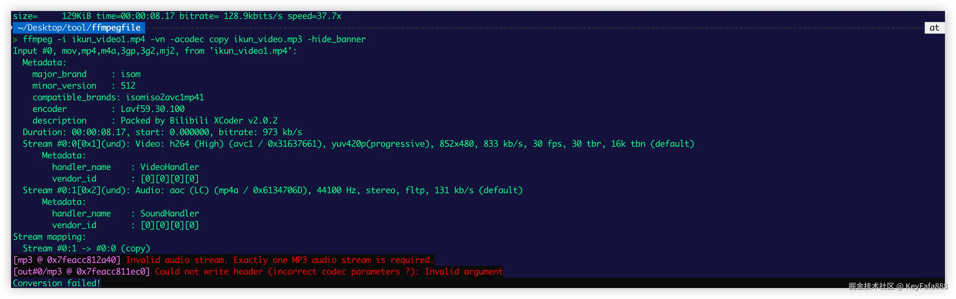 结合-vn 和 -c:a copy 进行获取mp3音频的命令