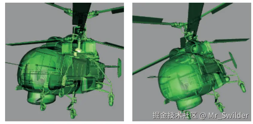 图5.33：左图中的模型使用了z-buffer来进行透明渲染，以任何一个顺序来渲染网格，都会出现严重的错误。右图中，使用深度剥离可以提供一个正确的渲染结果，但是代价是需要使用一个额外的pass。