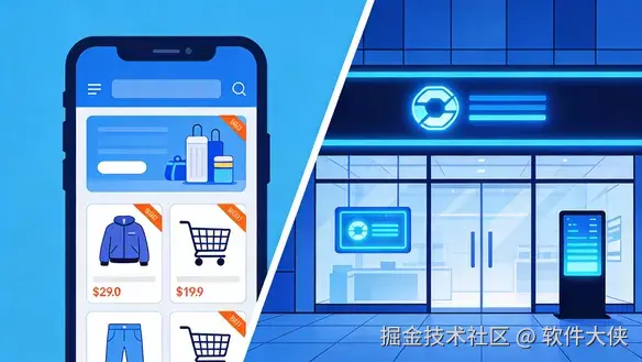 一张扁平化矢量插画，用分割线清晰展示两个场景：左侧是手机屏幕上的线上商城界面，右侧是现代化的线下实体店门头。整体风格为蓝色科技风。