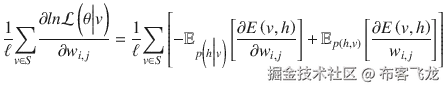 \frac{1}{\ell }{\displaystyle \sum_{v\in S\ }}\frac{\partial ln\mathrm{\mathcal{L}}\left(\theta \Big| v\right)}{\partial {w}_{i, j}}=\frac{1}{\ell }{\displaystyle \sum_{v\in S}}\left[-{\mathbb{E}}_{p\left( h\Big| v\right)}\left[\frac{\partial E\left( v, h\right)}{\partial {w}_{i, j}}\right]+{\mathbb{E}}_{p\left( h, v\right)}\left[\frac{\partial E\left( v, h\right)}{w_{i, j}}\right]\right]