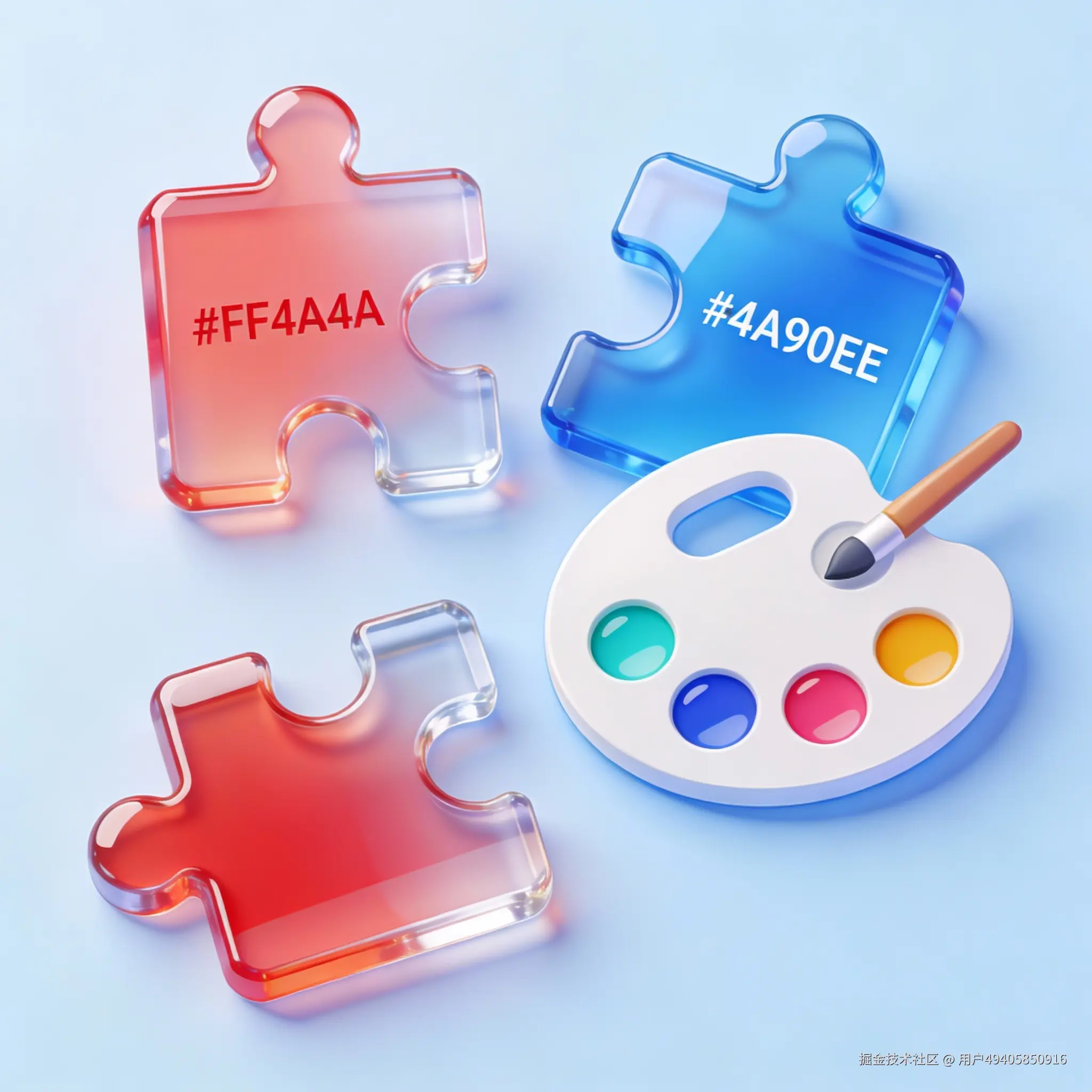 几个3D玻璃质感的拼图块和一个调色盘图标组合在一起