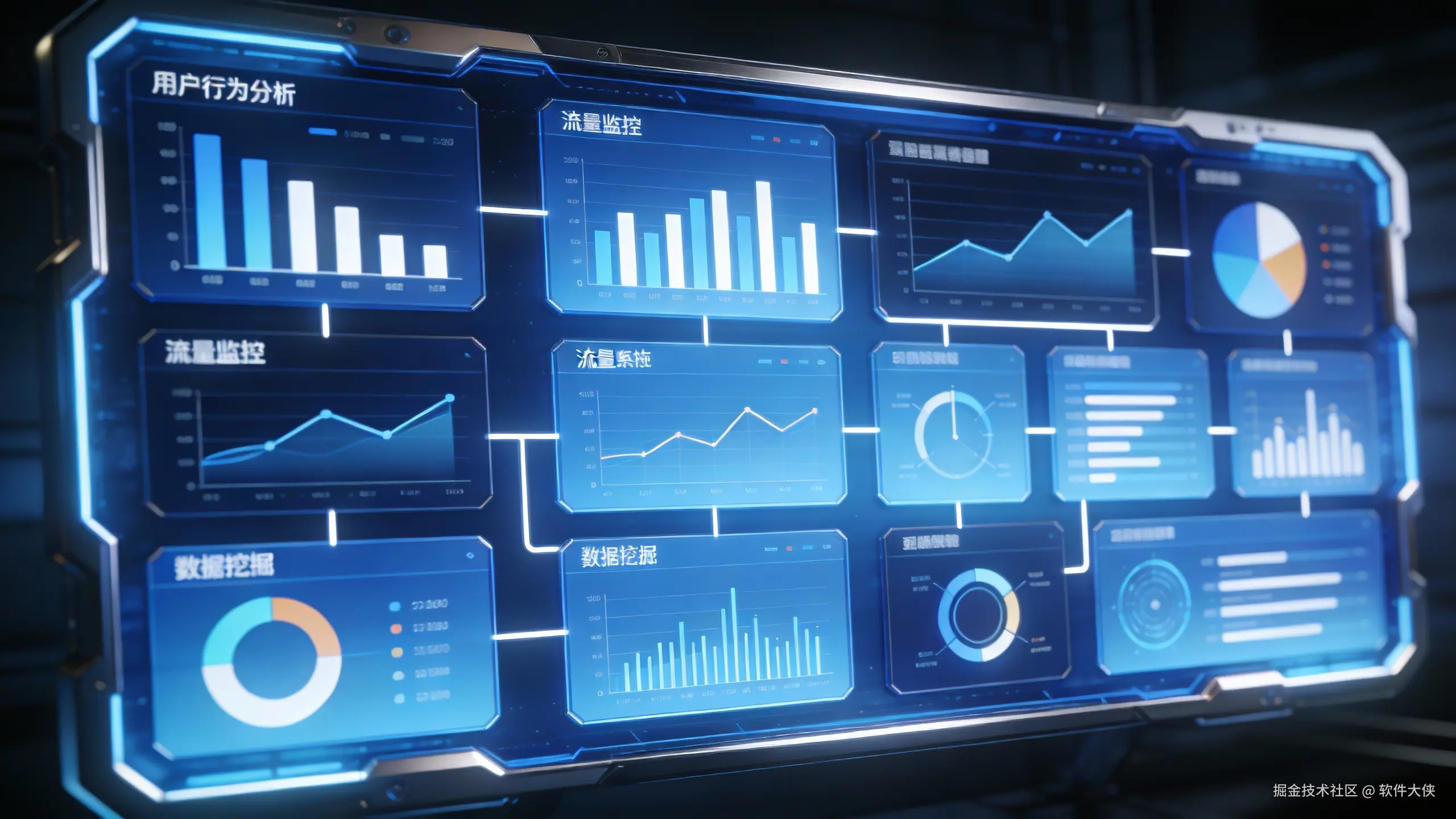 一张展示软件系统后台的3D数据图表，包含各种图表和数据分析模块，体现出系统的复杂与强大。风格现代、简洁，主色调为蓝色和白色。