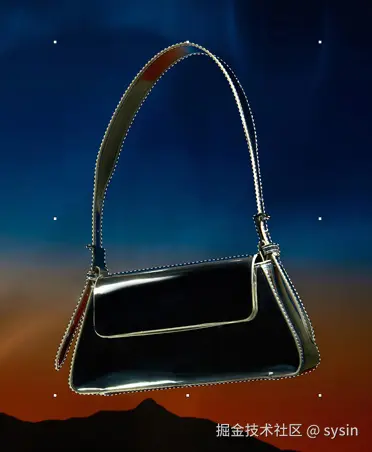 一只以虚线勾勒出轮廓的黑色手袋，展示应用了选择工具的图像编辑，背景是落日与山脉剪影。