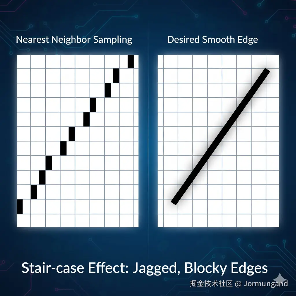 最近邻采样：阶梯状边缘 (Stair-case Effect)，右侧是理想中平滑的线条作为对比。
