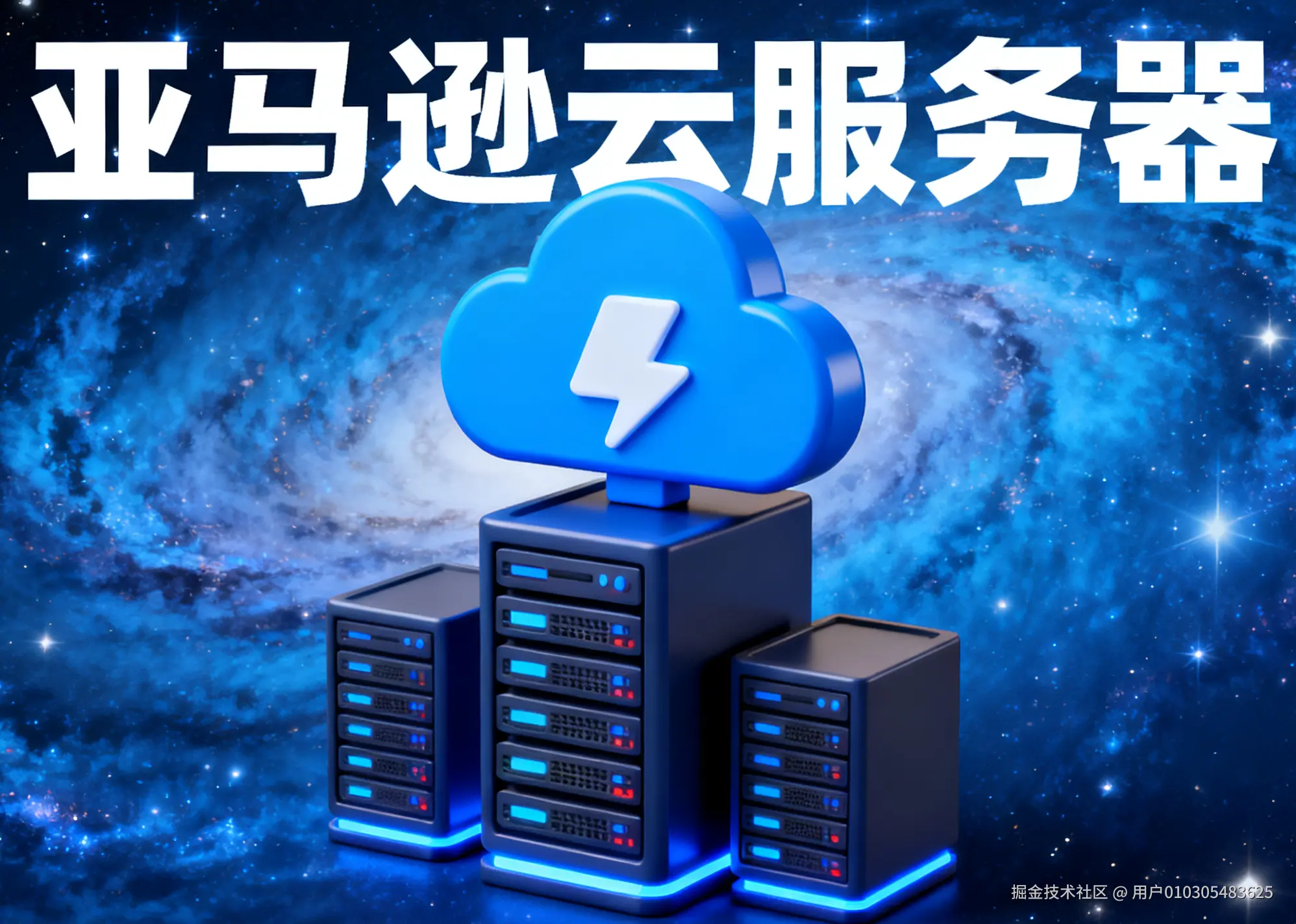 jimeng-2025-09-17-1201-海报设计，蓝色星系背景 3D图标，几个个服务器堆图标上面是云服务器图标，蓝配色，....png