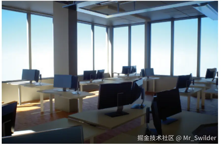 图11.40：这幅图像中的所有高光效果，都是使用随机屏幕空间反射（stochastic screen-space reflflection）算法渲染的 [1684] 。请注意反射效果的垂直拉伸，这是微表面模型反射的特点。