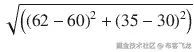 \sqrt{\left({\left(62-60\right)}²+{\left(35-30\right)}²\right)}