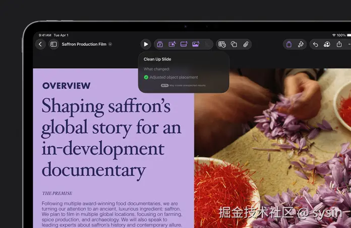 13 英寸 iPad Pro 屏幕显示 Keynote 讲演界面，展示紫色的概览幻灯片以及整理幻灯片功能。