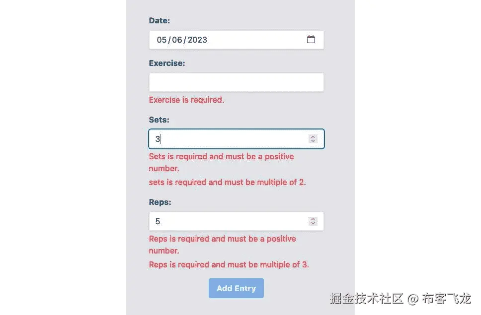 图 6.4 – 健身日记表单 UI 自定义验证