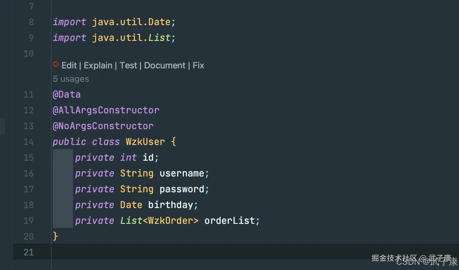 WzkUser Java class with orderList field