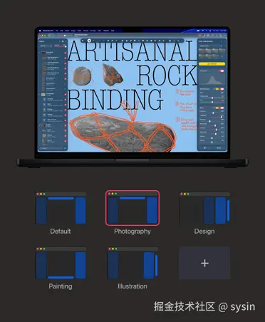 16 英寸 MacBook Pro 屏幕，展示名为“Artisanal Rock Binding”的图像以及色彩调整和白平衡工具。