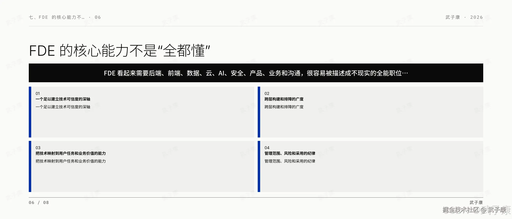 FDE 七、FDE 的核心能力不是"全都懂"页:06/08,FDE 看起来需要后端/前端/数据/云/AI/安全/产品/业务/沟通,容易被描述成不现实的全能职位;4 个 quadrant — 深轴(建立技术可信度)/ 广度(跨层构建和排障)/ 业务映射(把技术映射到用户任务和业务价值)/ 范围风险纪律(管理范围、风险和采用)