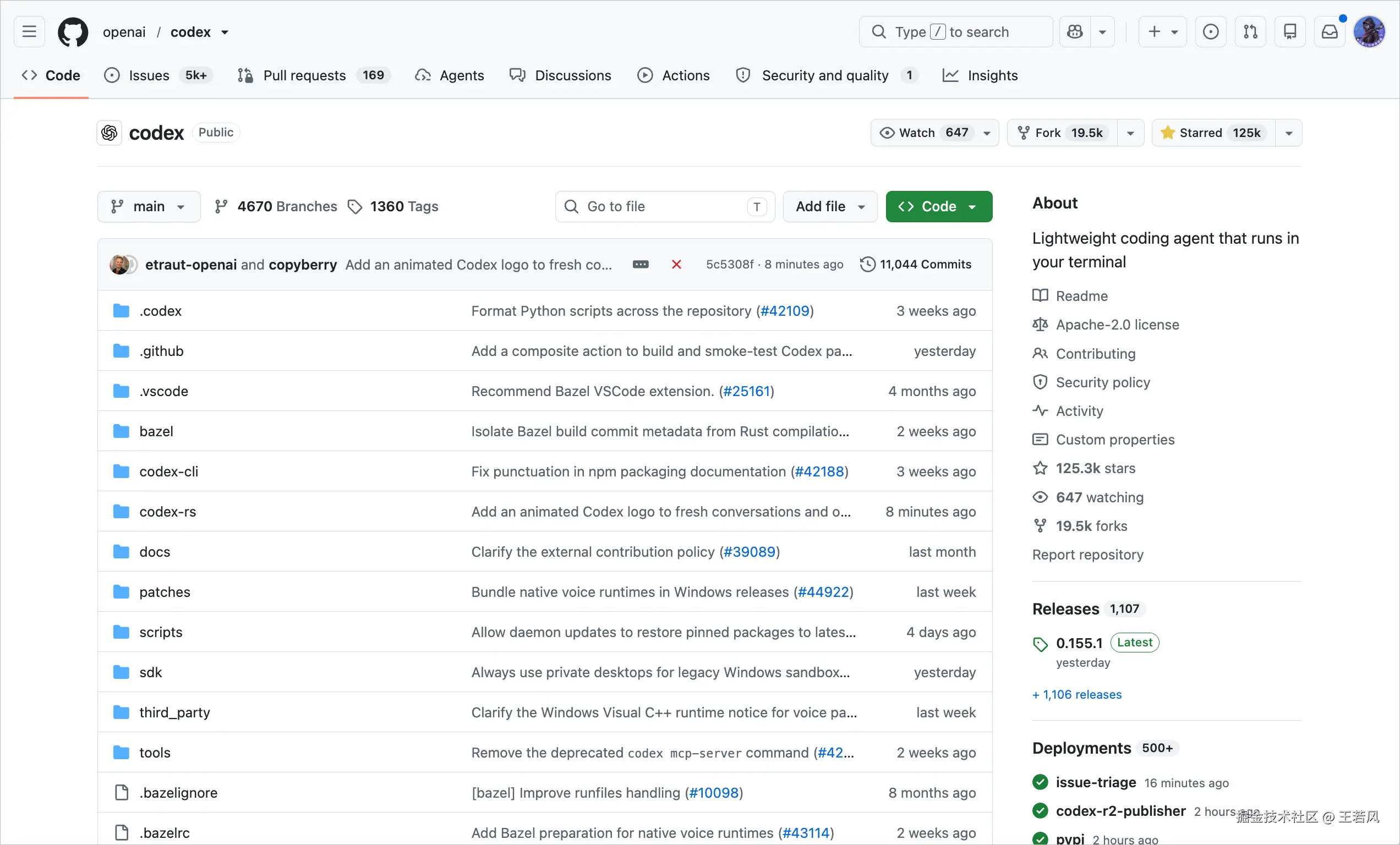 OpenAI Codex GitHub 仓库页面，展示项目源码、提交记录、Issues、Pull Requests 与发布信息。