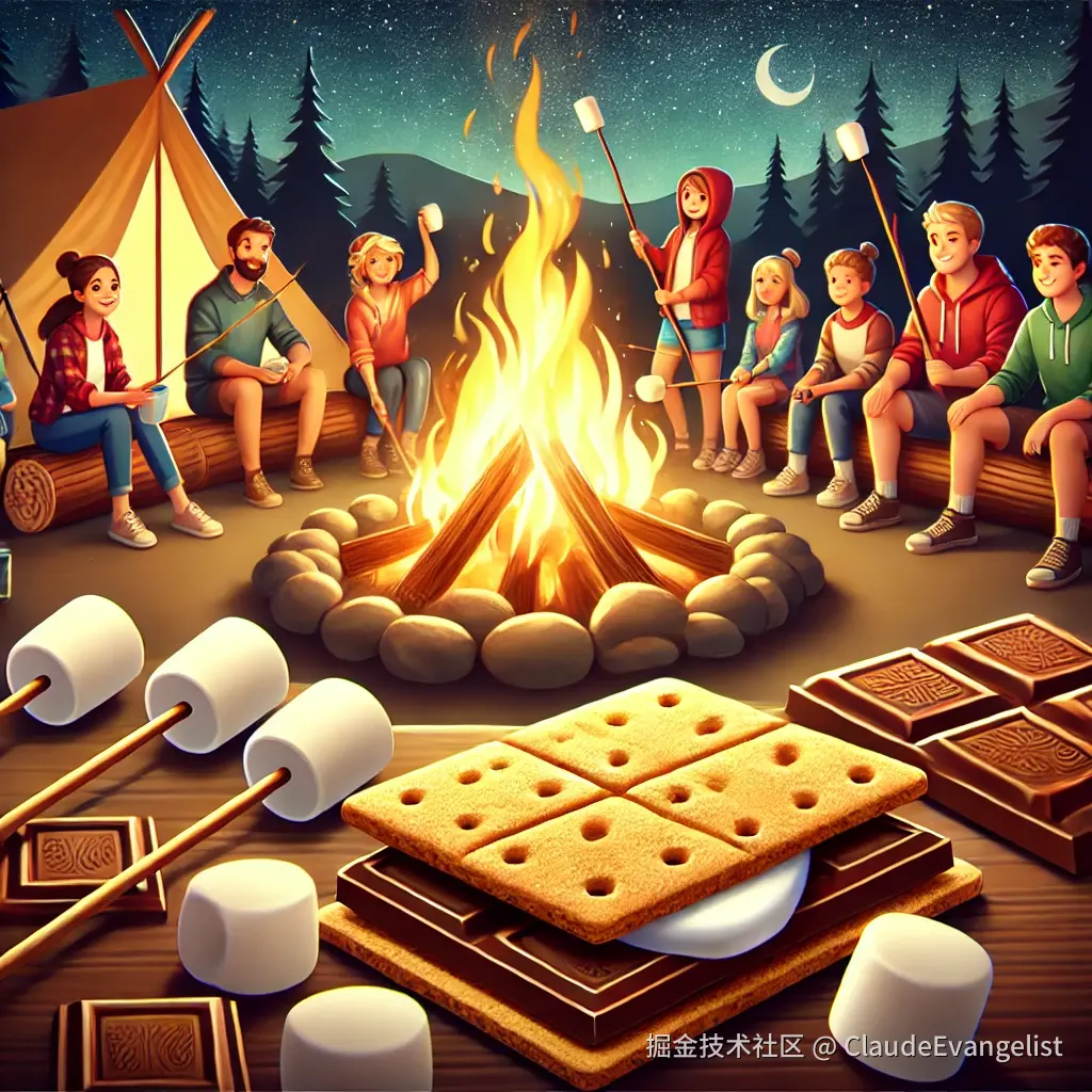 DALL·E 2024-12-07 00.03.55 - A cozy camping scene with people gathered around a campfire at night, roasting marshmallows on sticks. In the foreground, you can see graham crackers,.webp
