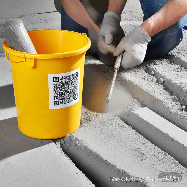 工程人员正在施工现场封装水泥样品，黄色取样桶上贴有带二维码的防拆封标签