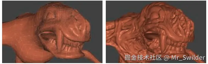 图3.11：左图是由大概6000个三角形所组成的原始网格。右图中的每个三角形都使用了PN三角形（一种特殊的Bezier面皮）细分进行了细分和替换。 [1301]