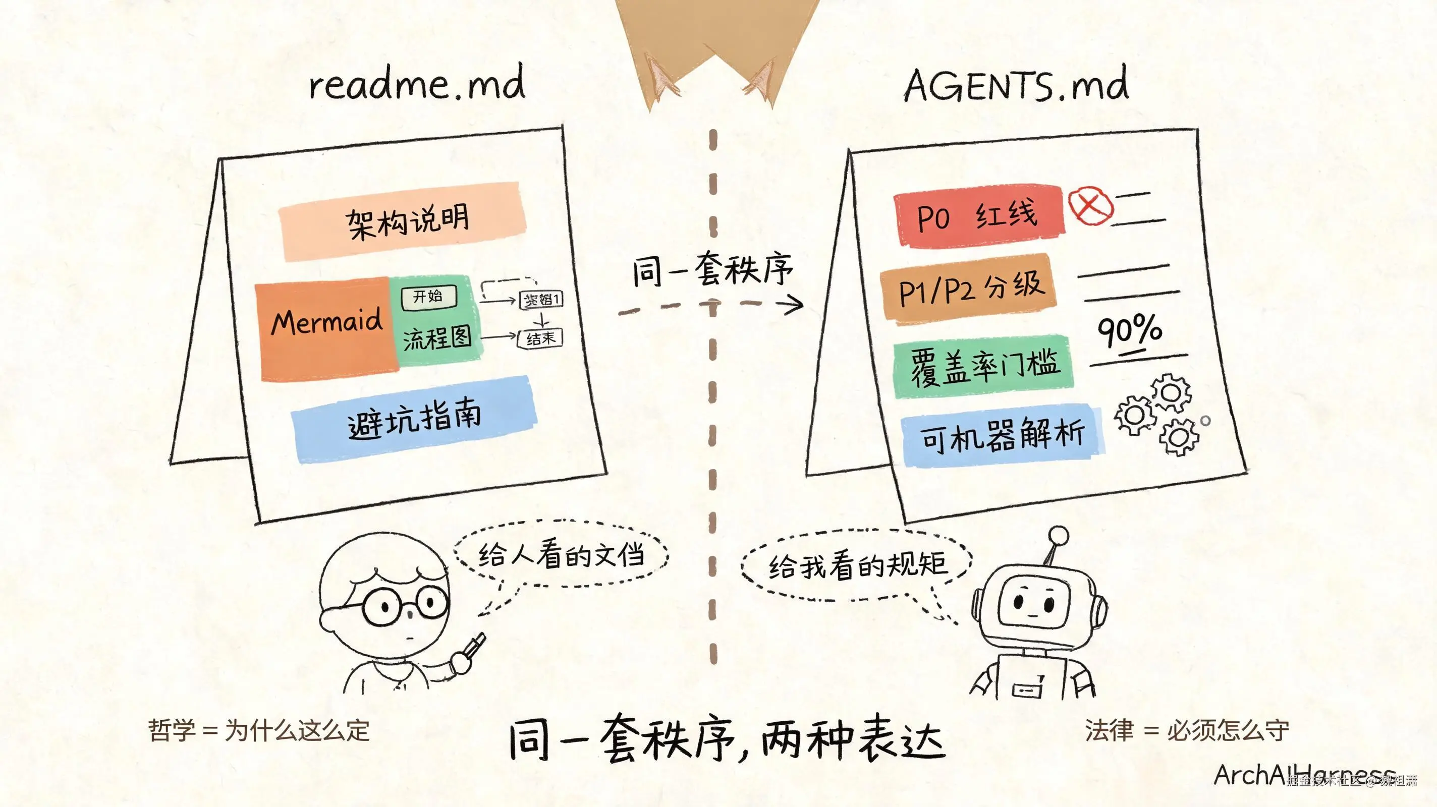 同一套秩序两种表达：readme 给人看，AGENTS.md 给 AI 看