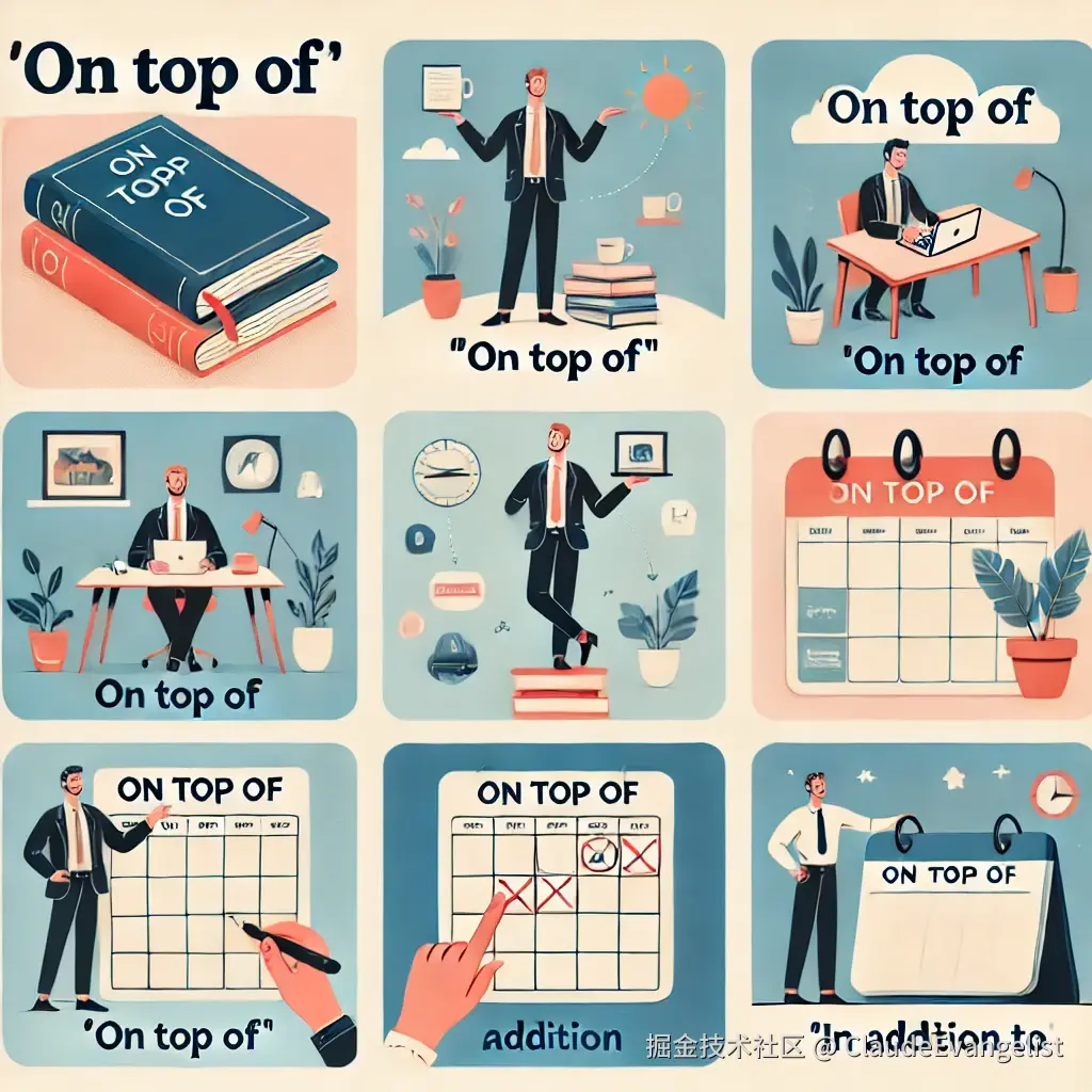 DALL·E 2024-10-30 21.29.03 - An illustration showing various uses of the phrase 'on top of.' In the image, display examples such as a book on top of a table, a person confidently .webp
