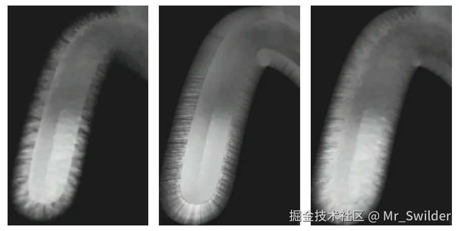 图14.52：使用体积纹理渲染的毛皮。这个模型被渲染了8次，每个pass都会将表面都向外扩展一点。左边是八个pass的渲染结果。注意轮廓上断裂的毛发。中间展示了鳍片渲染的结果。右边是最终的渲染结果，同时使用了鳍片和壳。 [1300]