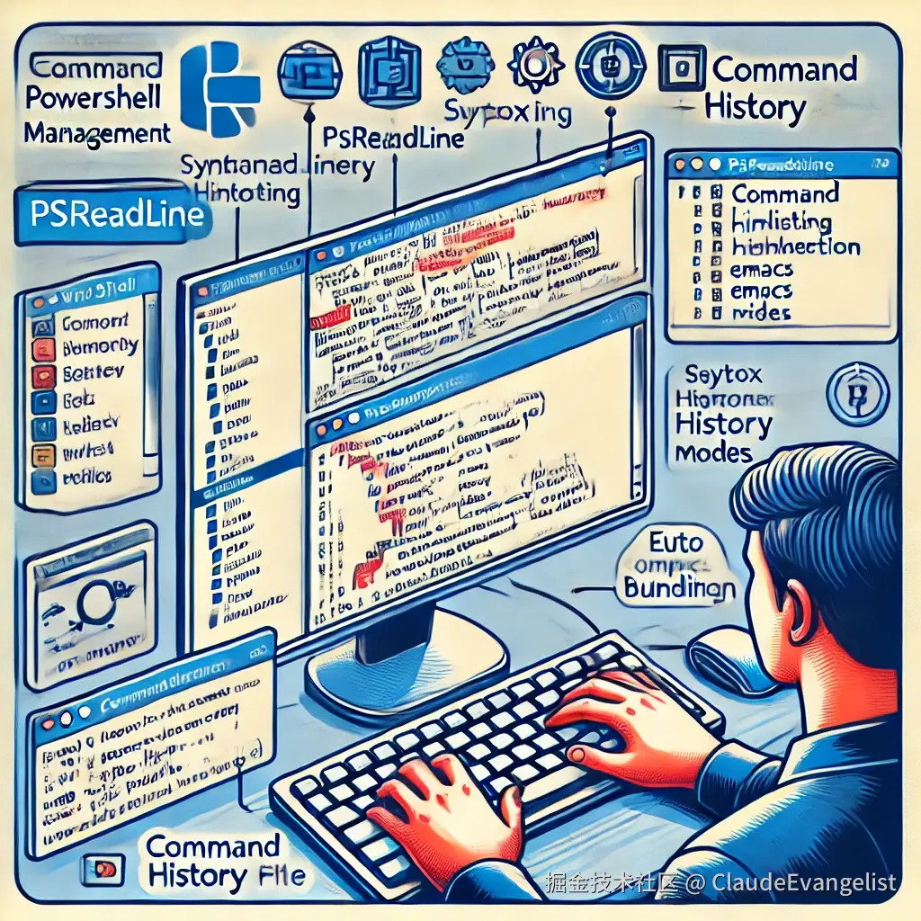 DALL·E 2024-07-18 21.40.41 - A detailed illustration showing the key features of the Windows PowerShell PSReadLine module. The image should include a PowerShell console window wit.webp