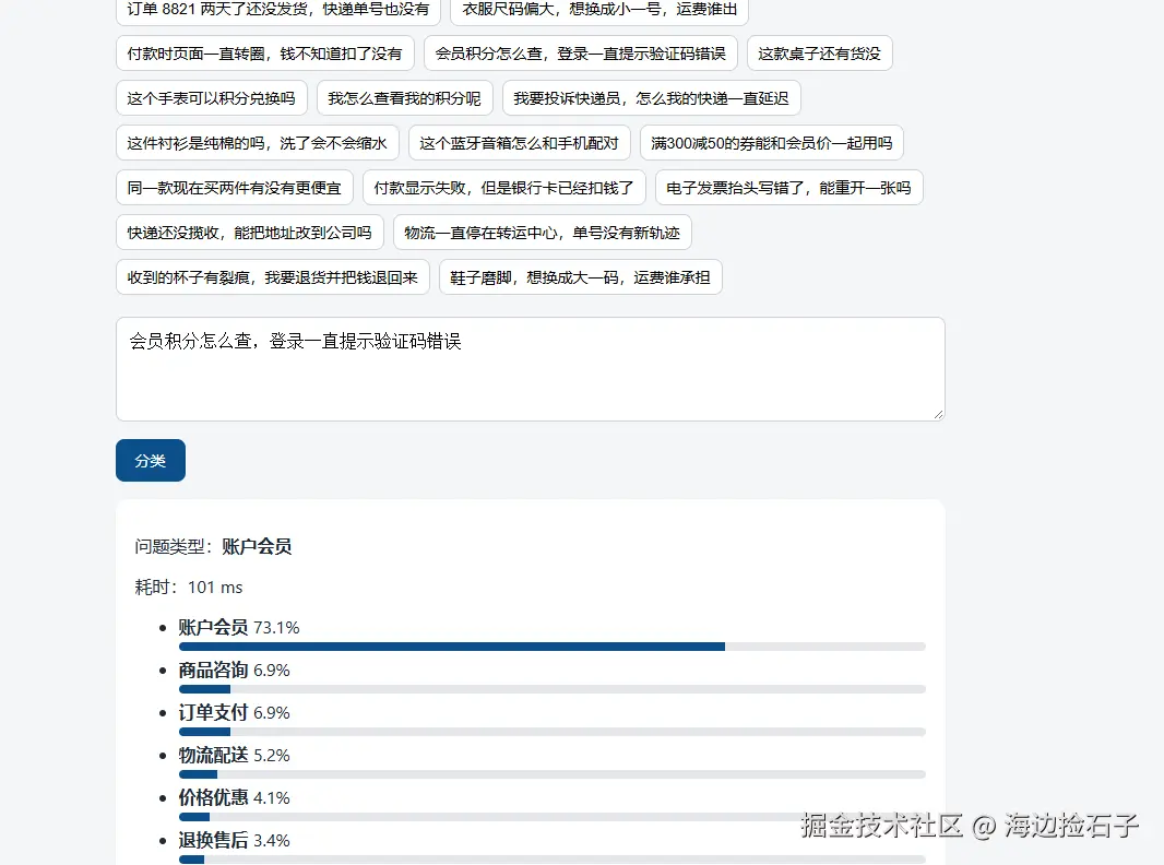 测试页截图：账户会员 73.1%，耗时 101ms